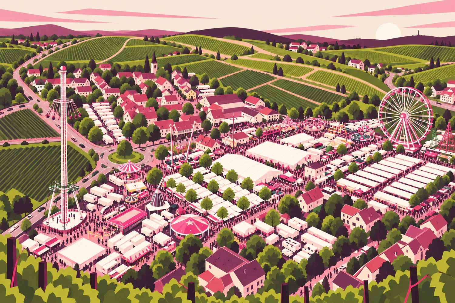 Grafische Luftansicht der Brühlwiesen mit Riesenrad, Festgelände, Gradierbau und Weinbergen
