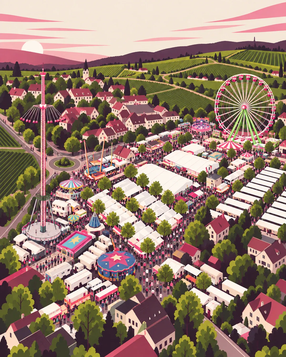 Grafische Luftansicht der Brühlwiesen mit Riesenrad, Festgelände, Gradierbau und Weinbergen