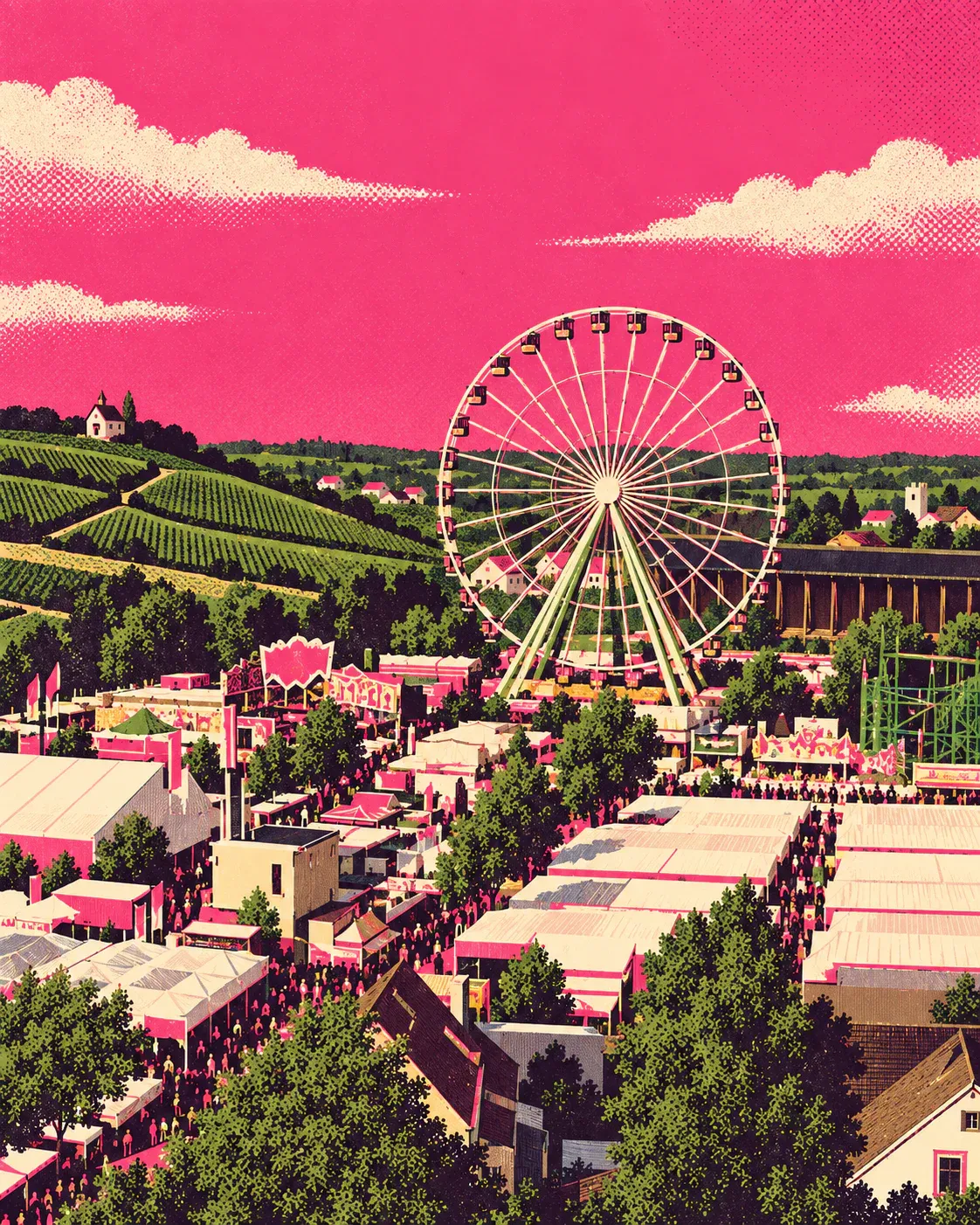 Grafische Luftansicht der Brühlwiesen mit Riesenrad, Festgelände, Gradierbau und Weinbergen