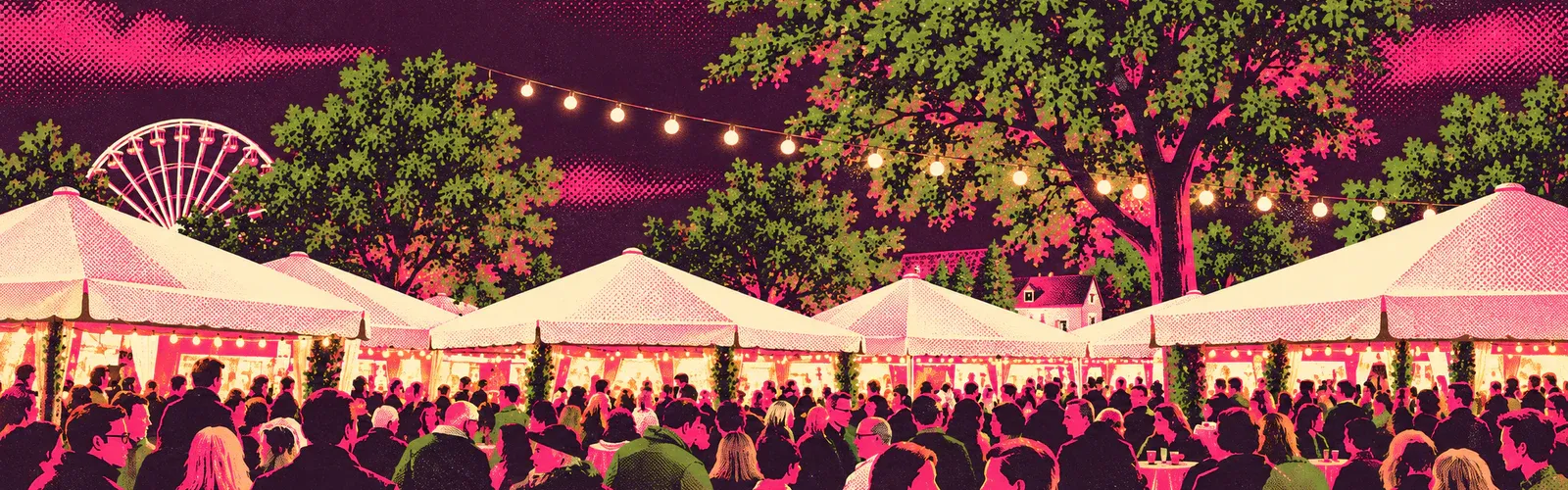Grafische Wurstmarkt-Szene mit weißen Ausschankzelten, Lichterketten und dichtem Publikum