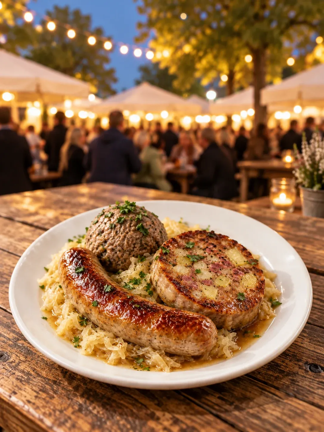 Pfälzerteller mit Bratwurst, Saumagen, Leberknödel und Sauerkraut