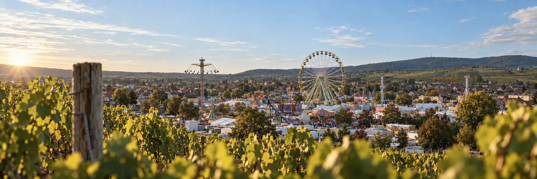 Blick durch Weinreben auf den Wurstmarkt mit Riesenrad