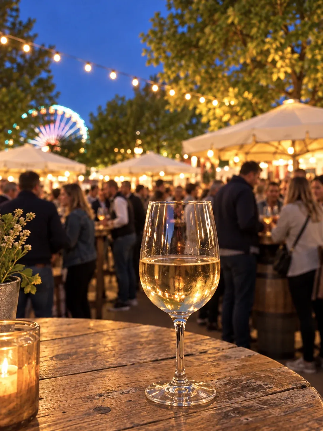 Weißweinglas vor den beleuchteten Weinständen des Wurstmarkts
